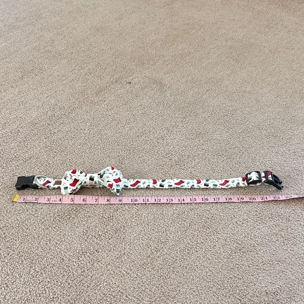 Holiday Cream Bow Tie Dog Collar with Red & Green Stocking Print
